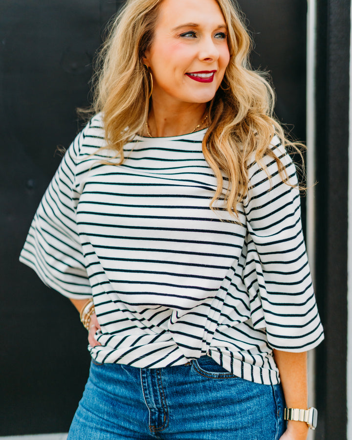 Karen Kane: Stripe Flare Sleeve Pick Up Top in White Black