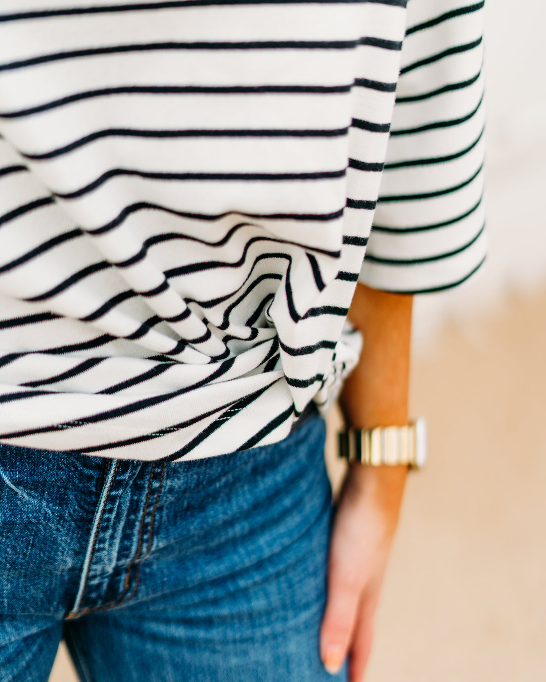 Karen Kane: Stripe Flare Sleeve Pick Up Top in White Black