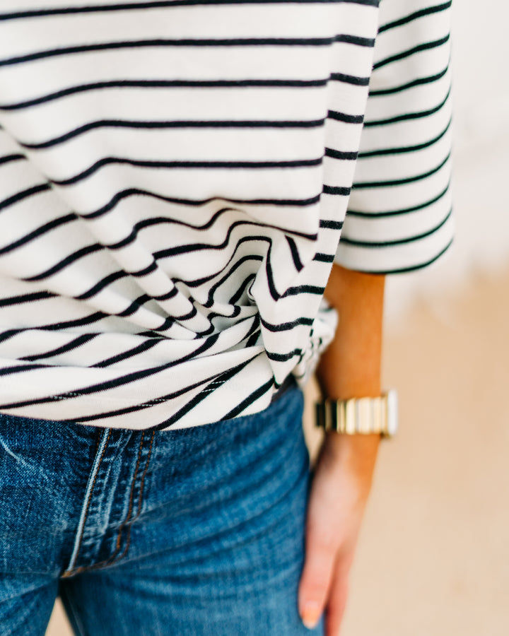 Karen Kane: Stripe Flare Sleeve Pick Up Top in White Black