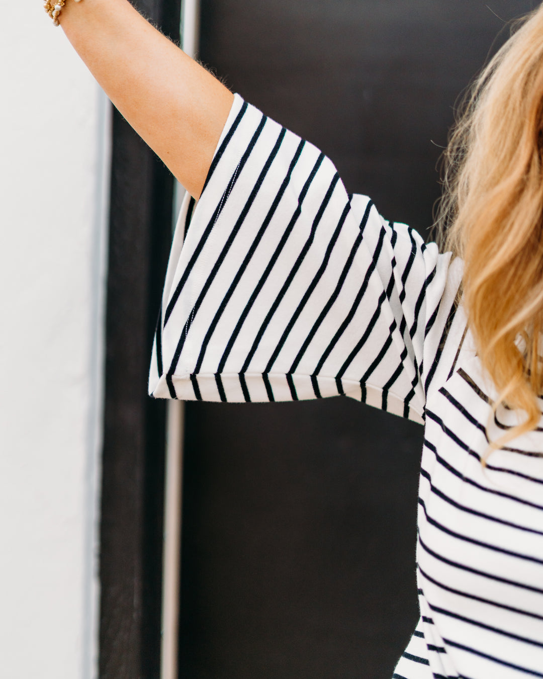 Karen Kane: Stripe Flare Sleeve Pick Up Top in White Black