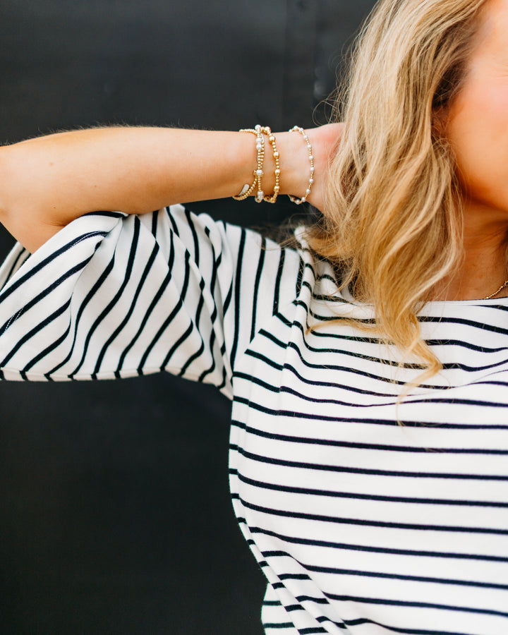 Karen Kane: Stripe Flare Sleeve Pick Up Top in White Black