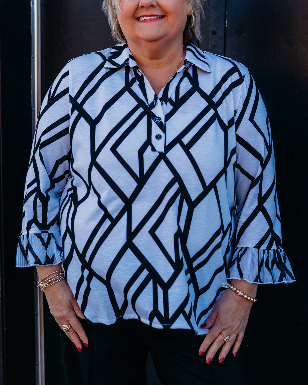 Multiples: Pleated Flounce 3/4 Sleeve Y-Neck Collar Pull Over Top in Black/White Print (M16108TM) - The Vogue Boutique