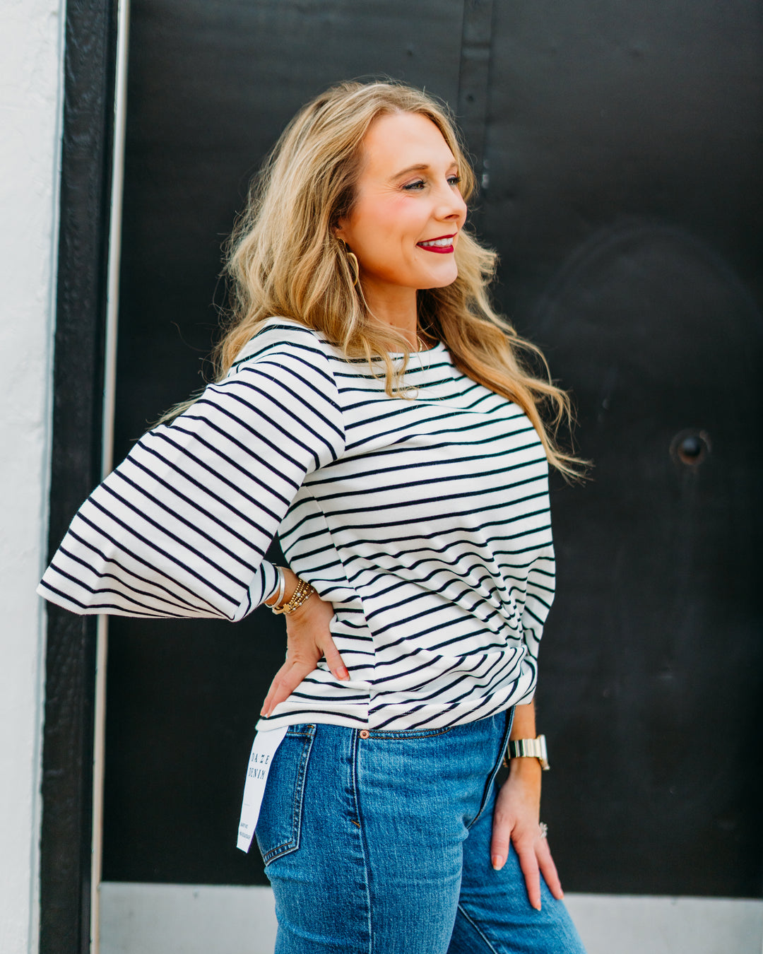Karen Kane: Stripe Flare Sleeve Pick Up Top in White Black