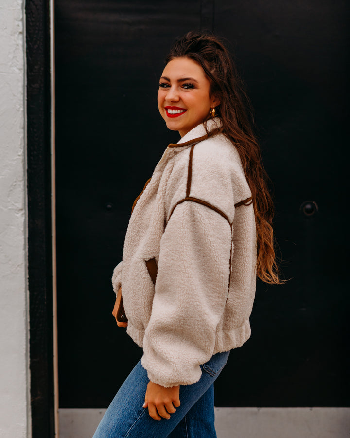 Elan: Off White Fur Jacket Brown Trim
