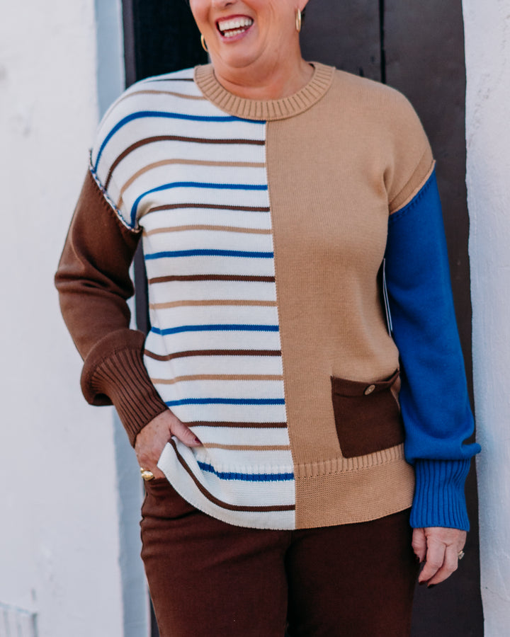 Multiples: (Chocolate Angel) Cuffed Long Sleeve Stripe Knit Top in Apricot M45307KM
