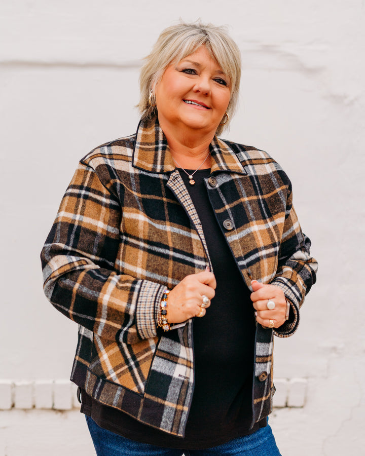 Charlie B: Reversible Plaid Jacket in Cocoa