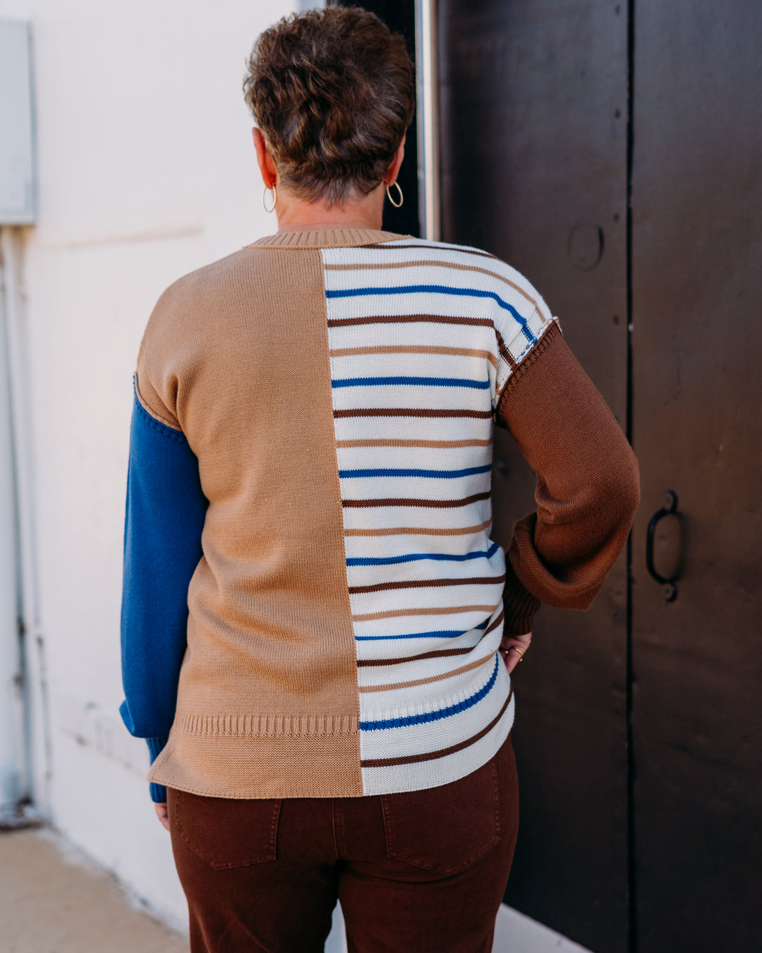 Multiples: (Chocolate Angel) Cuffed Long Sleeve Stripe Knit Top in Apricot M45307KM