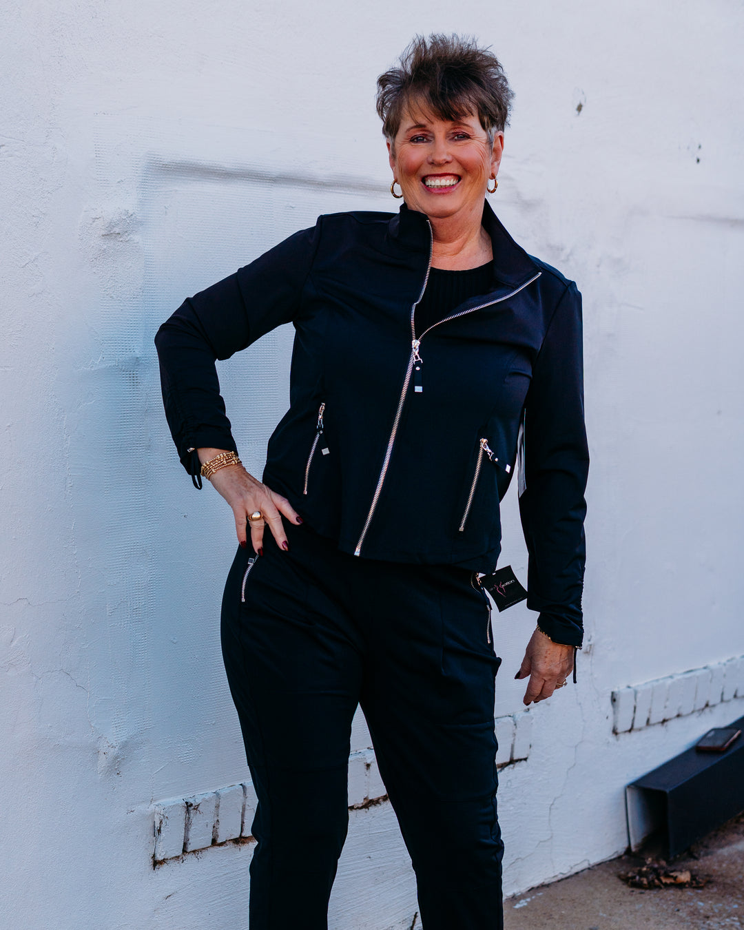 Multiples: Long Sleeve Zip Up Collar Jacket in Black (M16720JM) - The Vogue Boutique