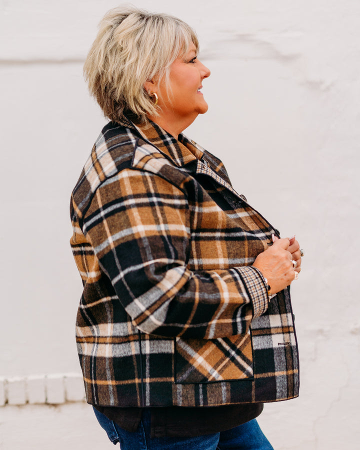 Charlie B: Reversible Plaid Jacket in Cocoa