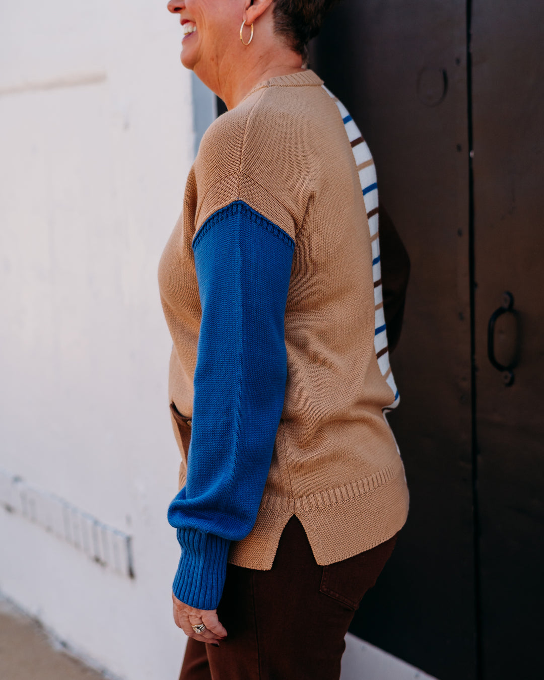Multiples: (Chocolate Angel) Cuffed Long Sleeve Stripe Knit Top in Apricot M45307KM