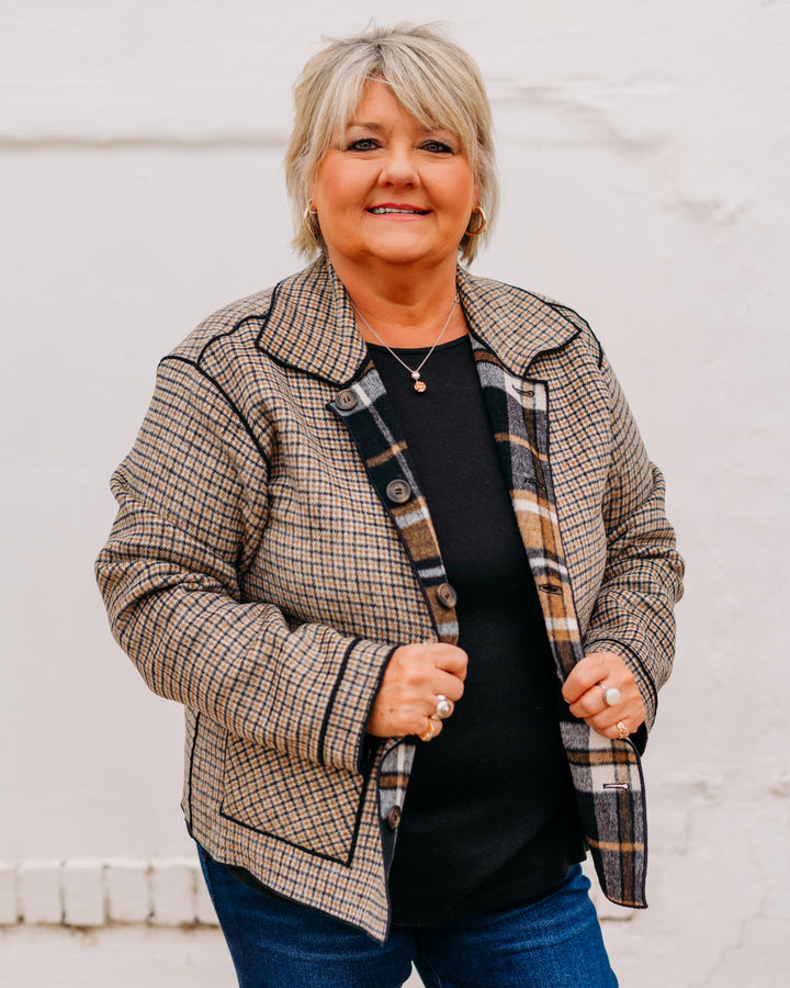 Charlie B: Reversible Plaid Jacket in Cocoa