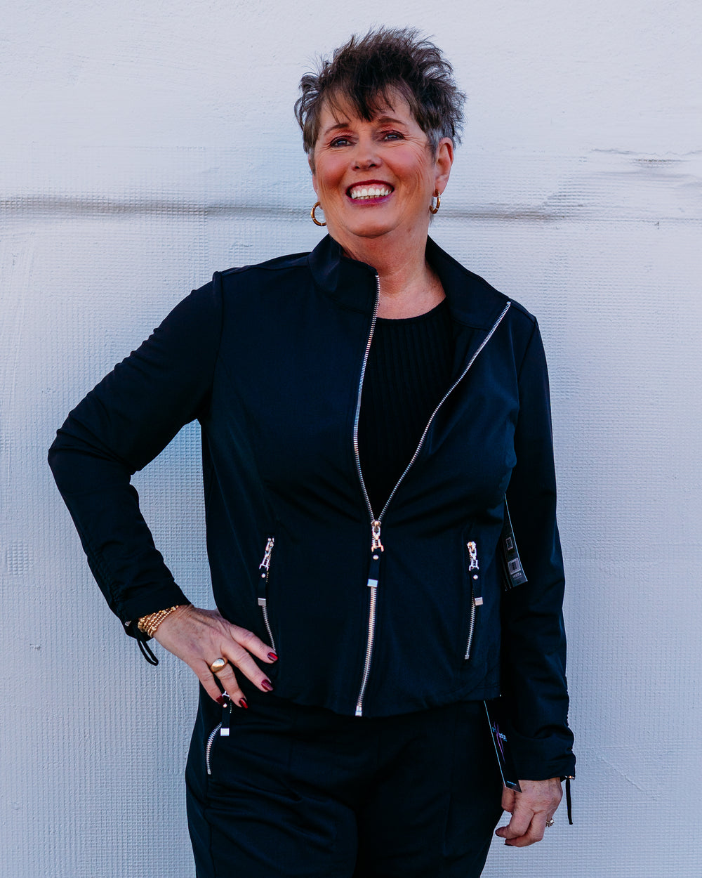 Multiples: Long Sleeve Zip Up Collar Jacket in Black (M16720JM) - The Vogue Boutique