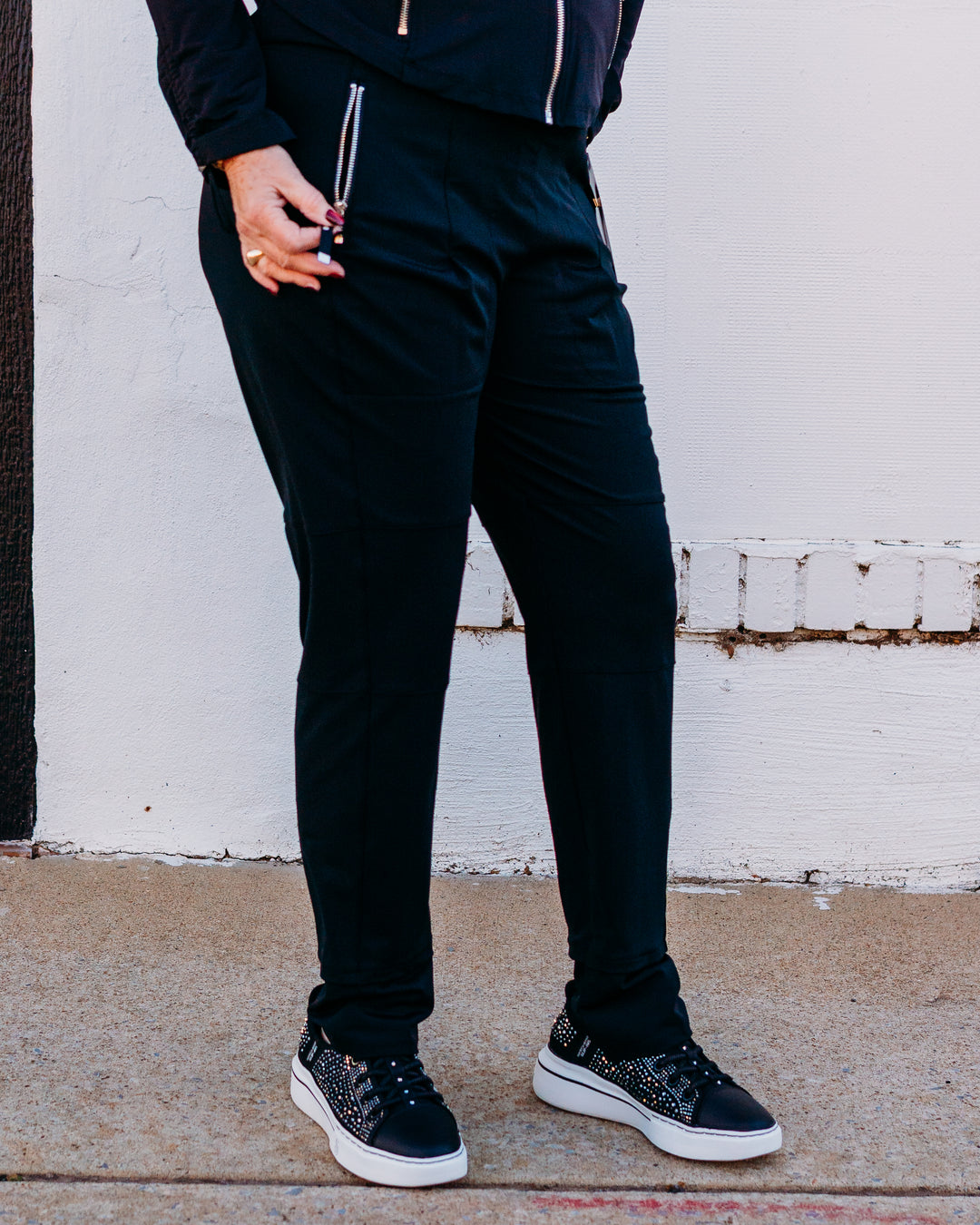 Multiples: Drawstring Elastic Waist Pull Over Zip Pocket Jogger Style Ankle Pant in Black (M35703PM) - The Vogue Boutique