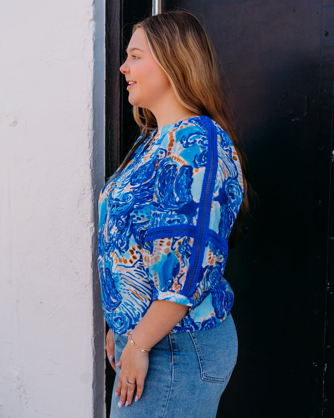 Jade: Contrast Trim Peasant Top in Nautical Whirl (77D9944)