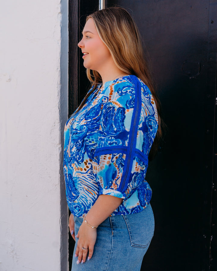 Jade: Contrast Trim Peasant Top in Nautical Whirl (77D9944)