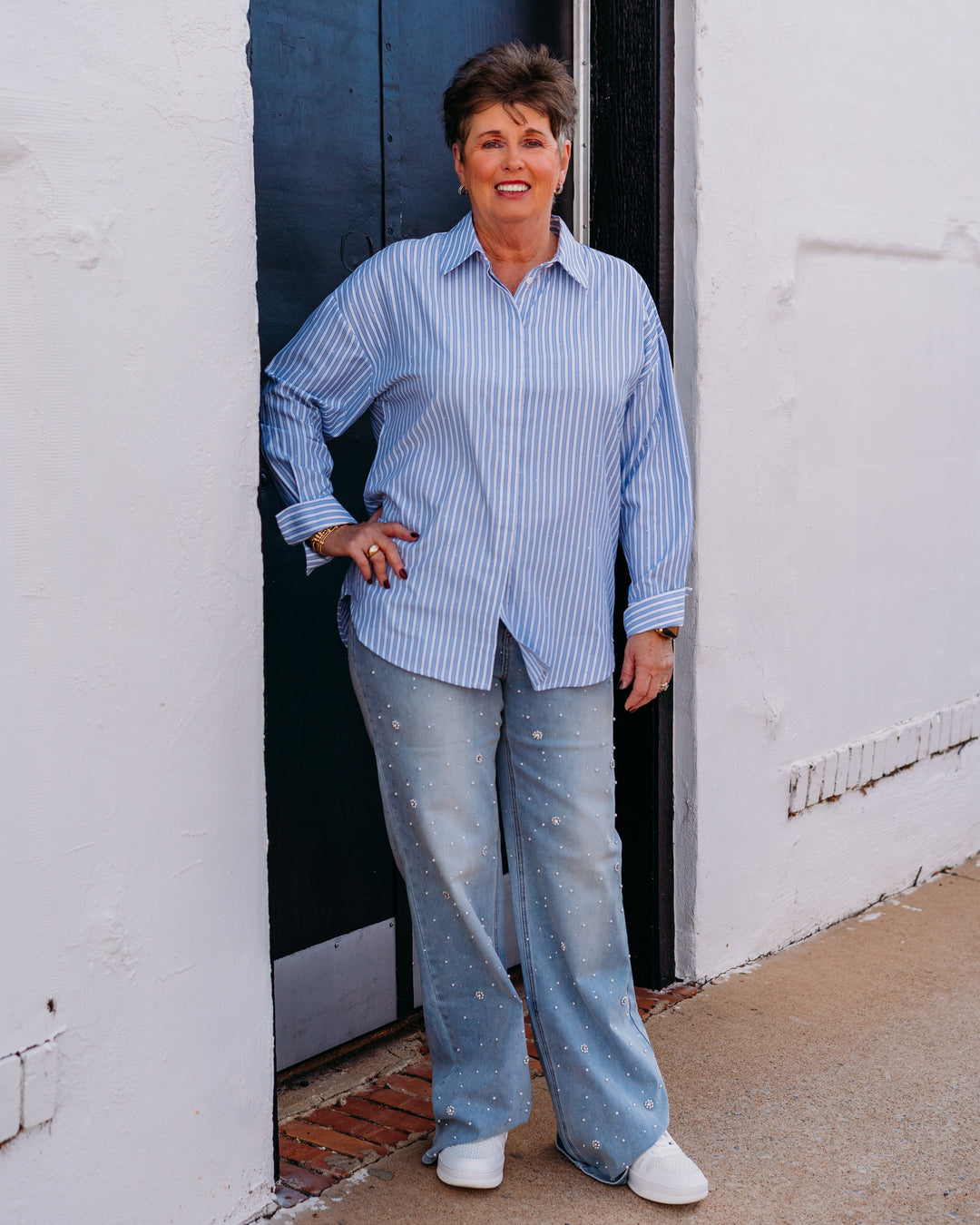 Joseph Ripkoff: Tencel Stripe Print Boxy Blouse in Blue/Vanilla (261931) - The Vogue Boutique