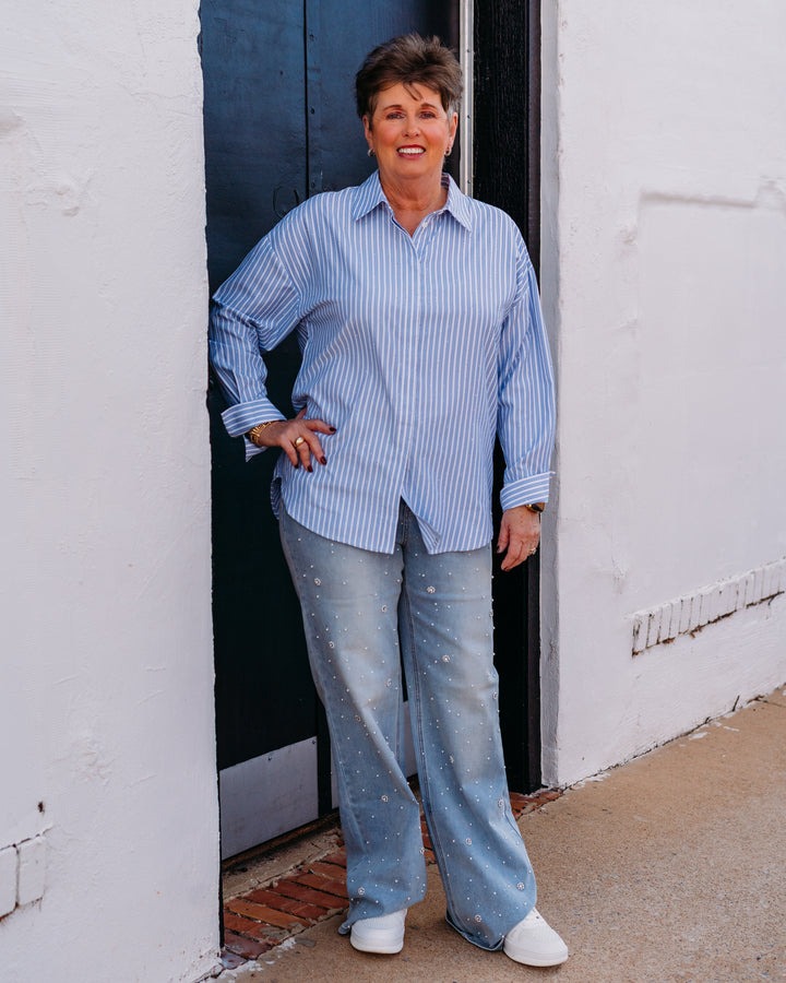 Joseph Ripkoff: Tencel Stripe Print Boxy Blouse in Blue/Vanilla (261931) - The Vogue Boutique