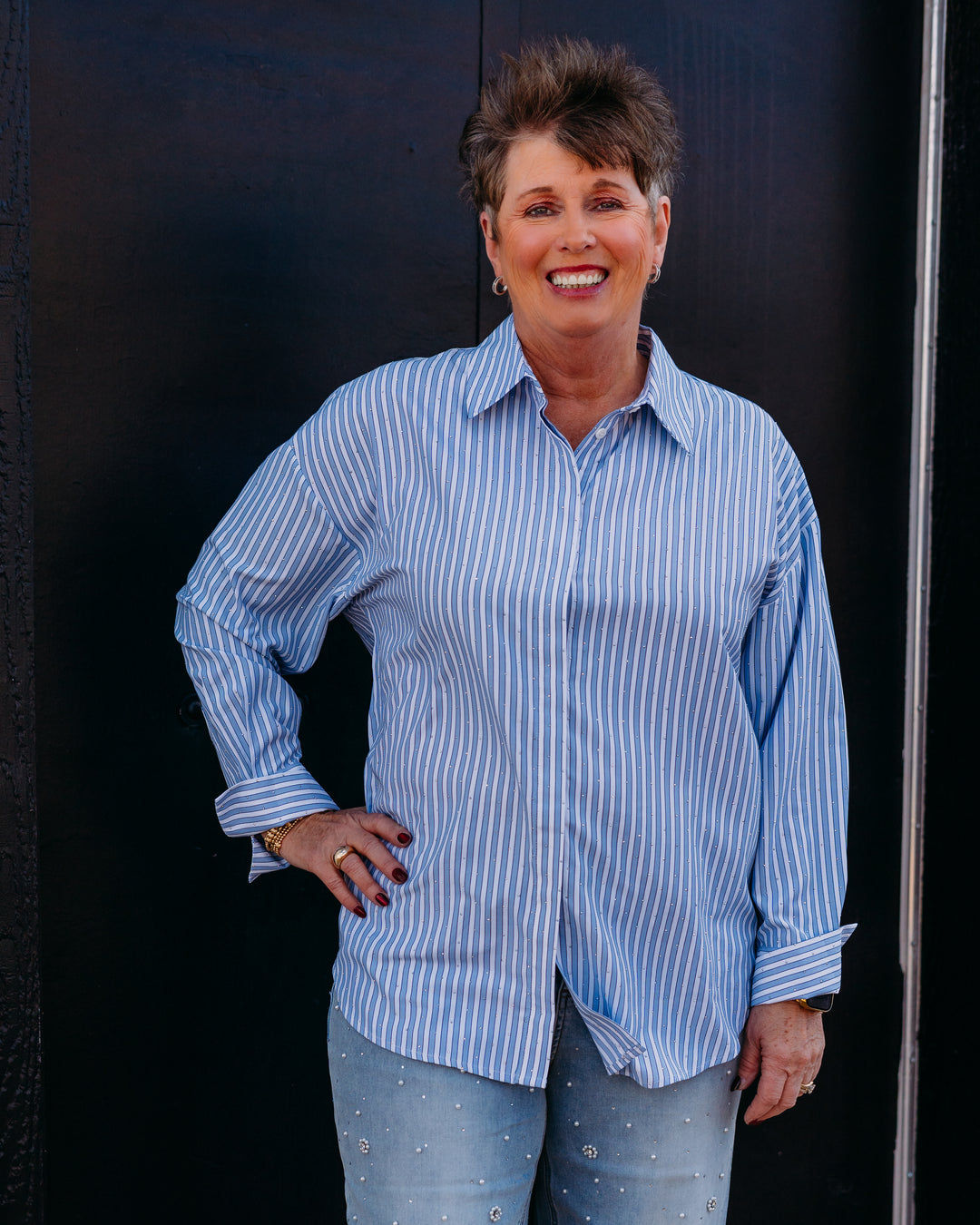 Joseph Ripkoff: Tencel Stripe Print Boxy Blouse in Blue/Vanilla (261931) - The Vogue Boutique