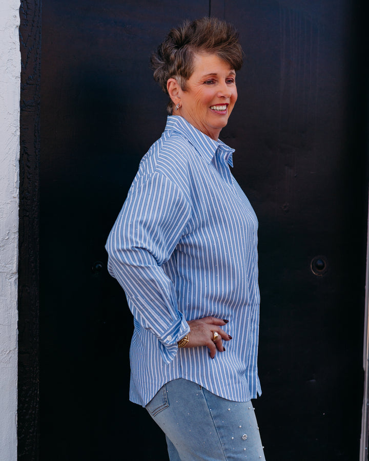 Joseph Ripkoff: Tencel Stripe Print Boxy Blouse in Blue/Vanilla (261931) - The Vogue Boutique