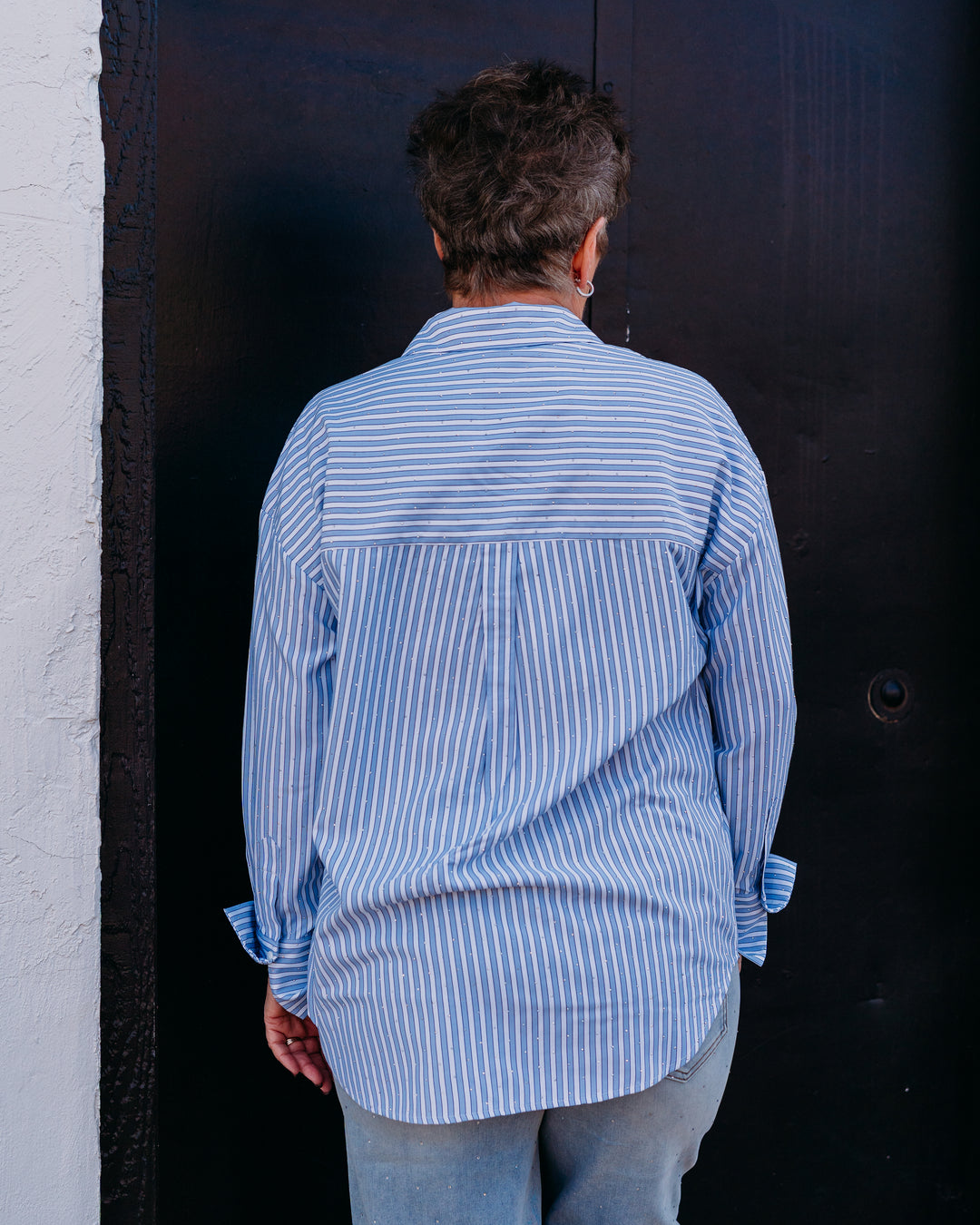 Joseph Ripkoff: Tencel Stripe Print Boxy Blouse in Blue/Vanilla (261931) - The Vogue Boutique