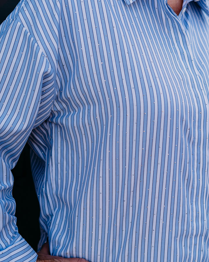 Joseph Ripkoff: Tencel Stripe Print Boxy Blouse in Blue/Vanilla (261931) - The Vogue Boutique