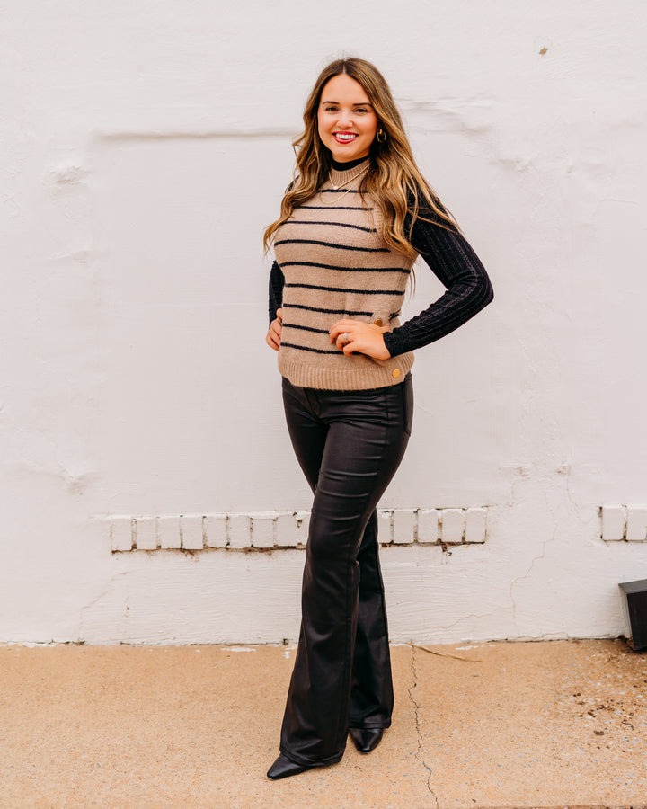 Charlie B: Sleeveless V-Neck Striped Sweater Vest in Camel