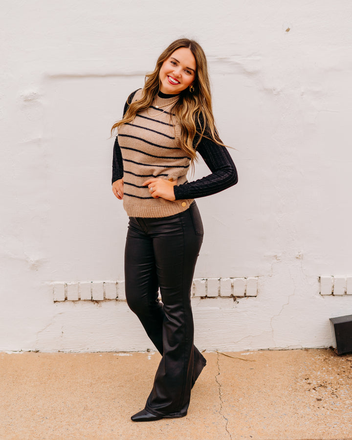 Charlie B: Sleeveless V-Neck Striped Sweater Vest in Camel