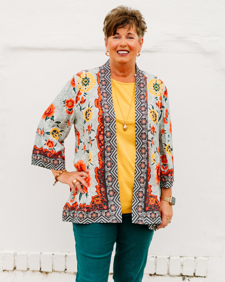 Multiples:  (Sun Stone) 3/4 Sleeve Banded Open Front Jacket in Multi