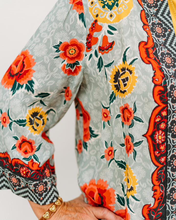 Multiples:  (Sun Stone) 3/4 Sleeve Banded Open Front Jacket in Multi