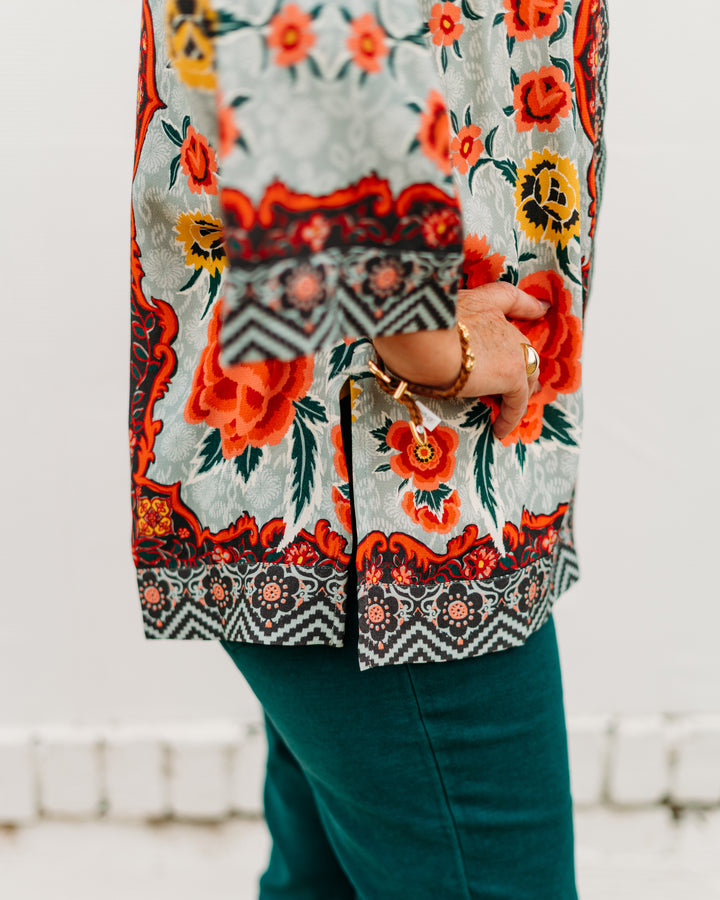 Multiples:  (Sun Stone) 3/4 Sleeve Banded Open Front Jacket in Multi