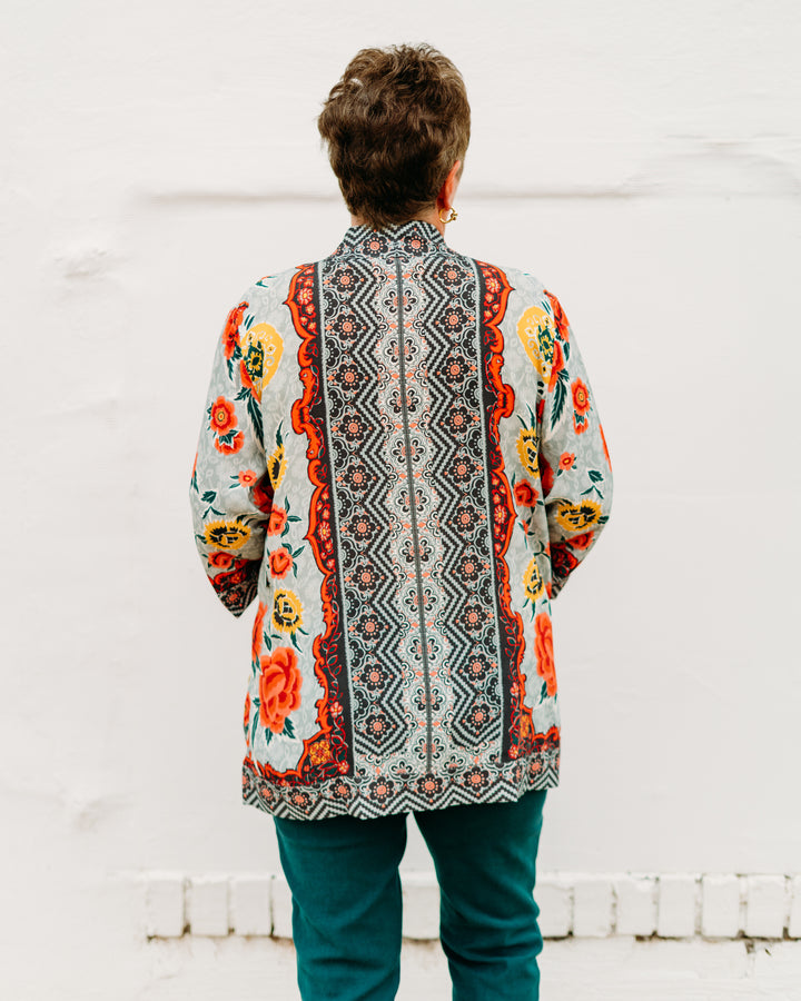 Multiples:  (Sun Stone) 3/4 Sleeve Banded Open Front Jacket in Multi