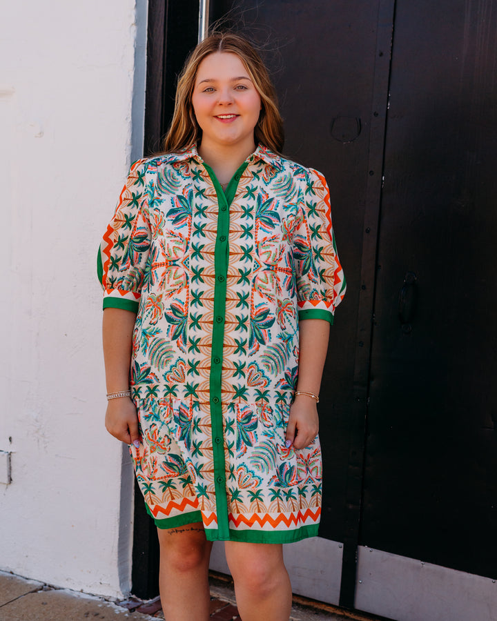 Jade: Flutter Hem Buttons Dress in Palm Fiesta (77D8054)