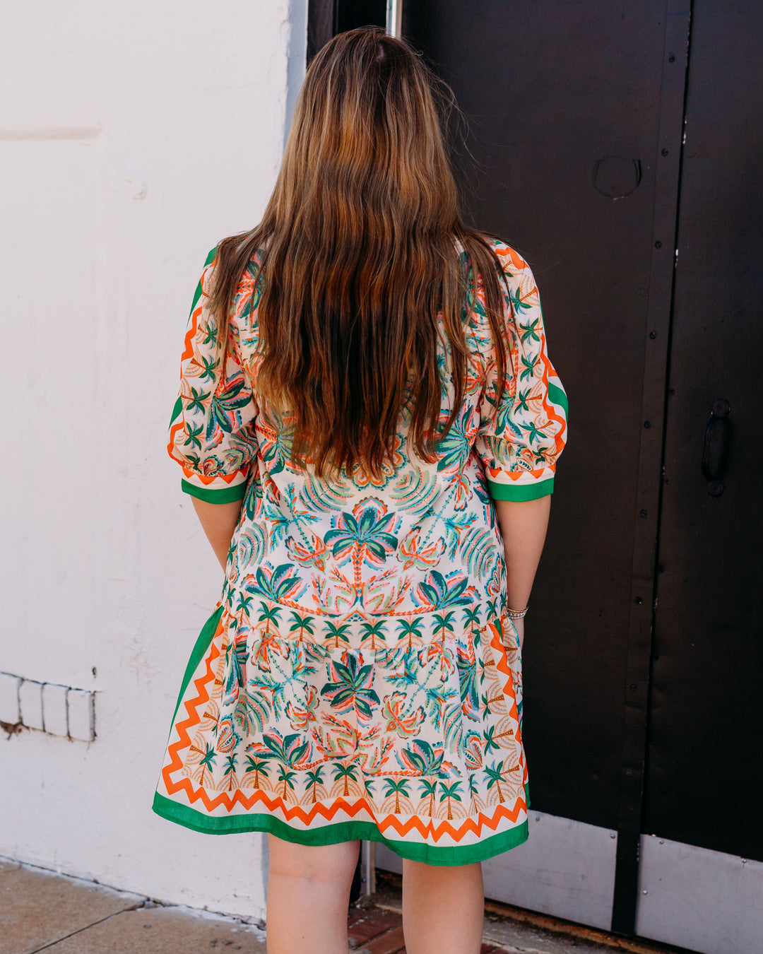 Jade: Flutter Hem Buttons Dress in Palm Fiesta (77D8054)