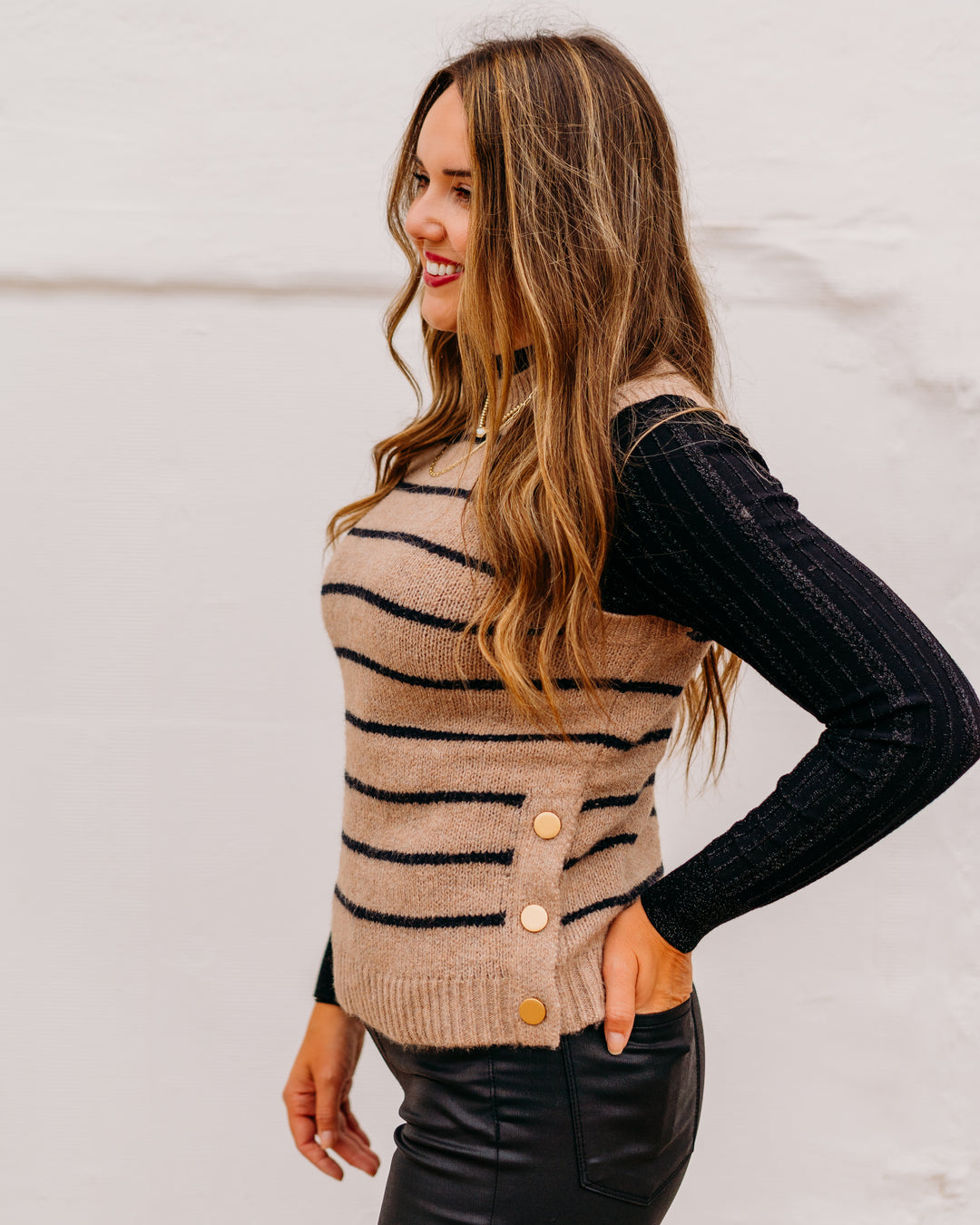 Charlie B: Sleeveless V-Neck Striped Sweater Vest in Camel