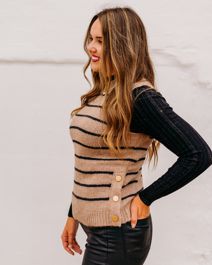 Charlie B: Sleeveless V-Neck Striped Sweater Vest in Camel