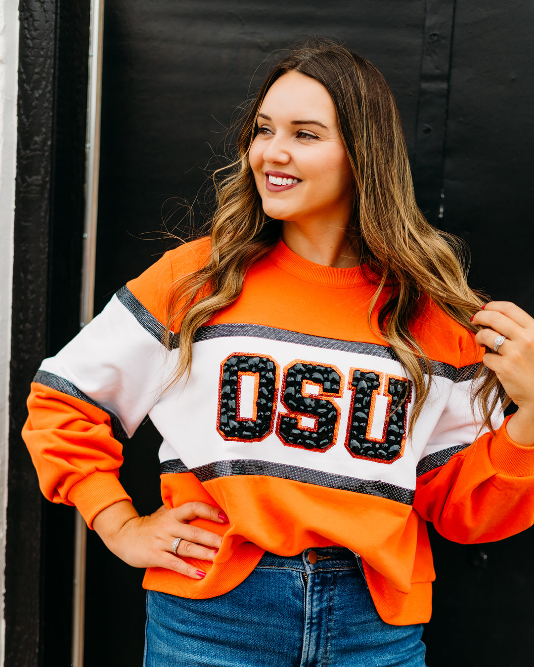 Queen of Sparkles: Licensed OK State Colorblock Jewel Letter Sweatshirt