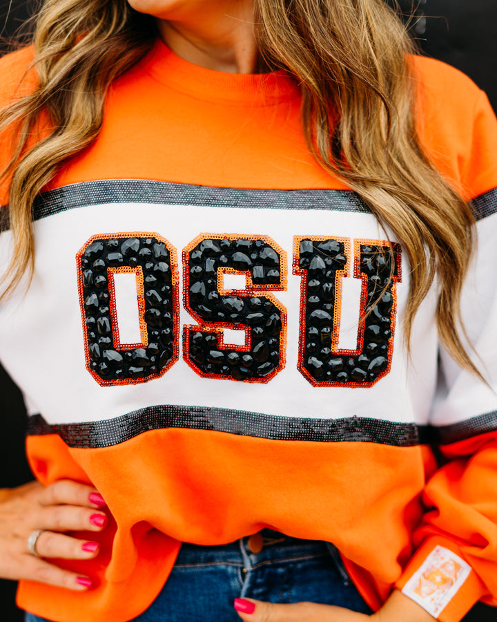 Queen of Sparkles: Licensed OK State Colorblock Jewel Letter Sweatshirt
