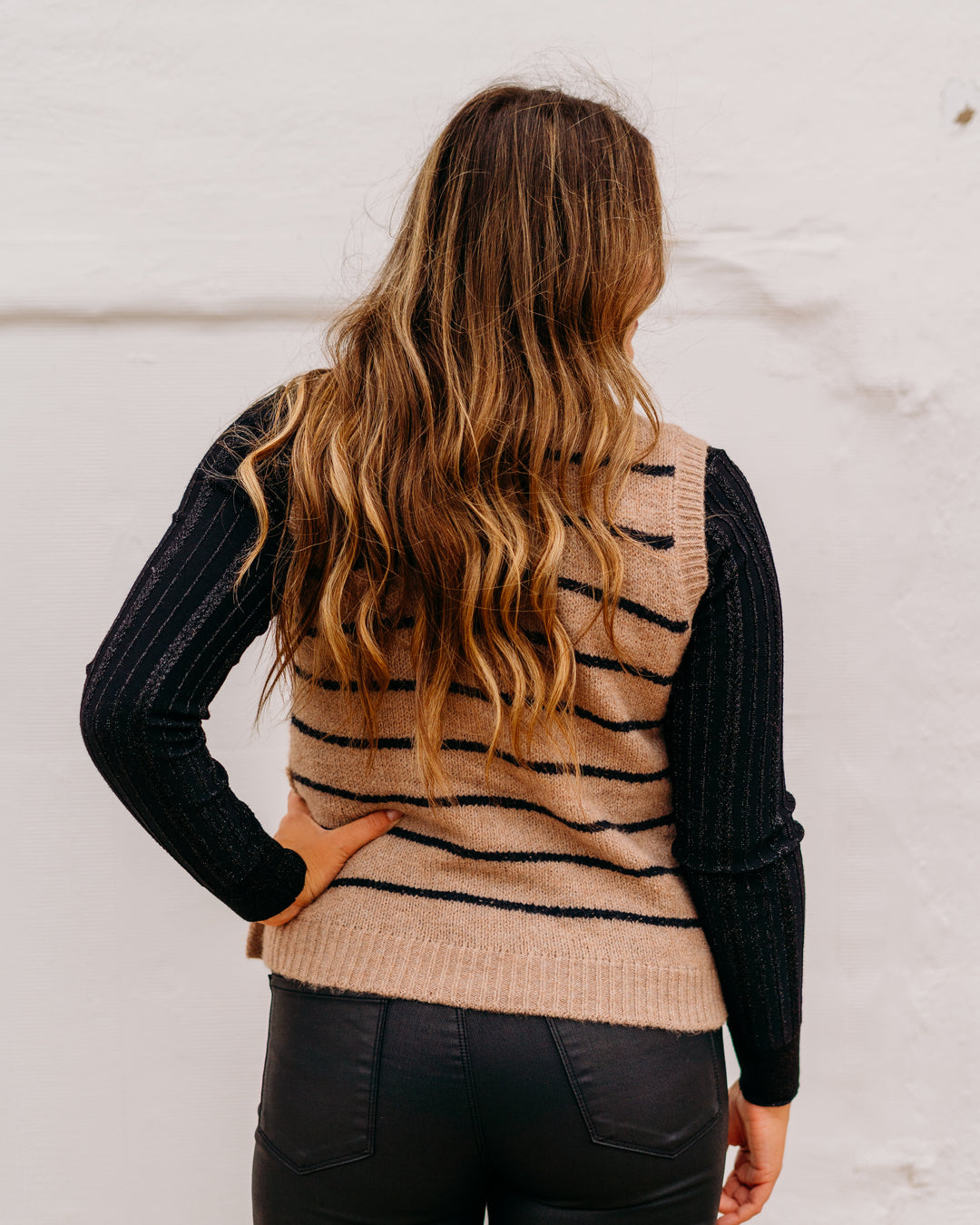 Charlie B: Sleeveless V-Neck Striped Sweater Vest in Camel