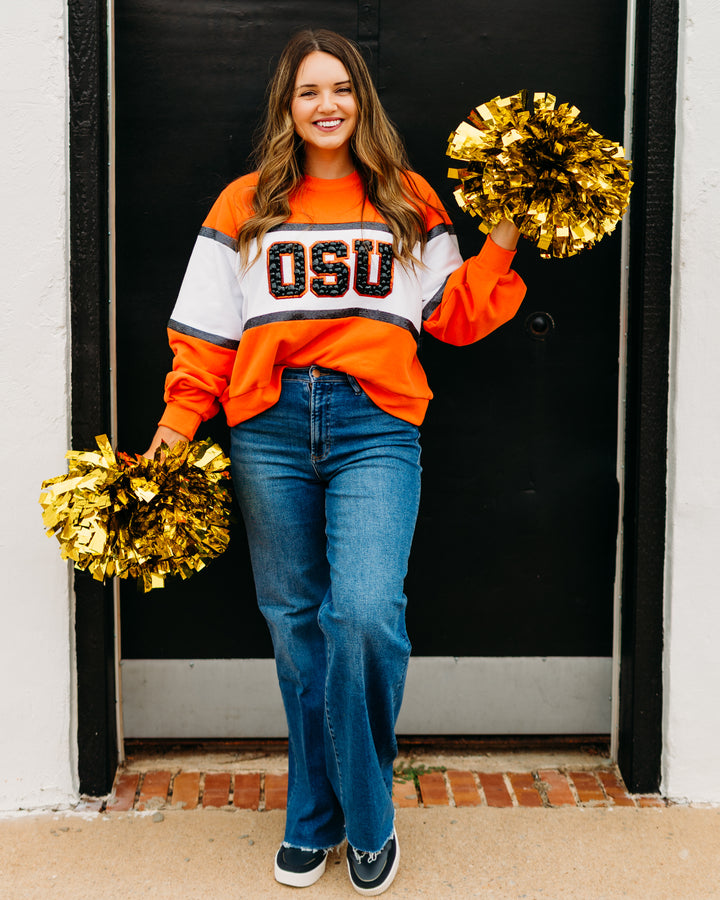 Queen of Sparkles: Licensed OK State Colorblock Jewel Letter Sweatshirt