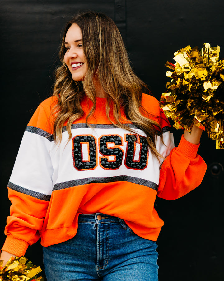 Queen of Sparkles: Licensed OK State Colorblock Jewel Letter Sweatshirt
