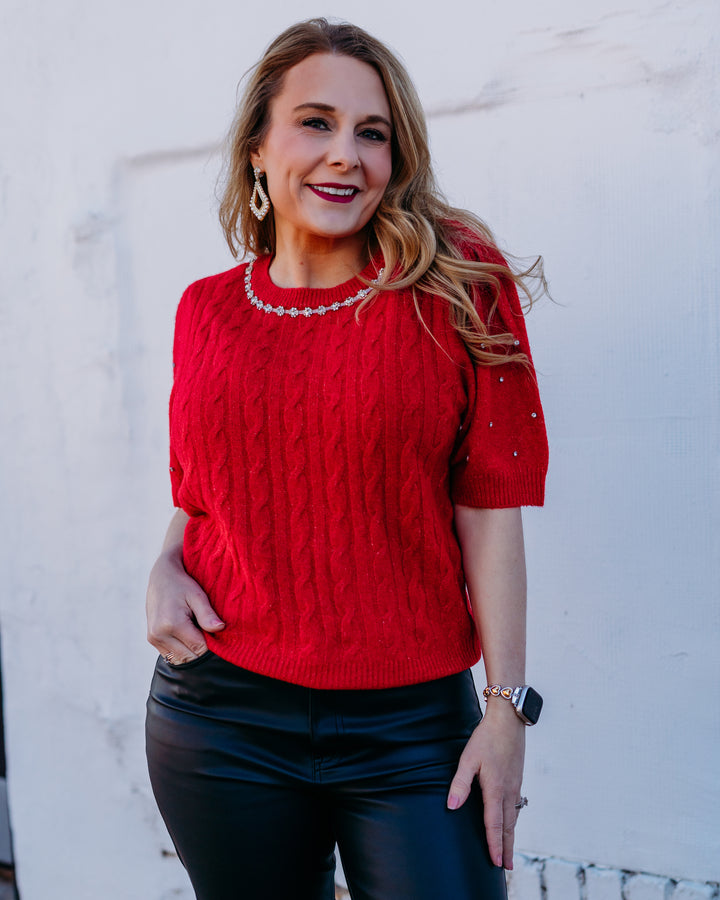 Design History: Rhinestone Sleeve Sweater in Cherry