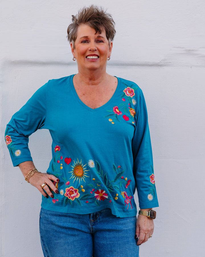 Johnny Was: Ziviana 3/4 Sleeve Trapunto V-neck Tee in Title Blue