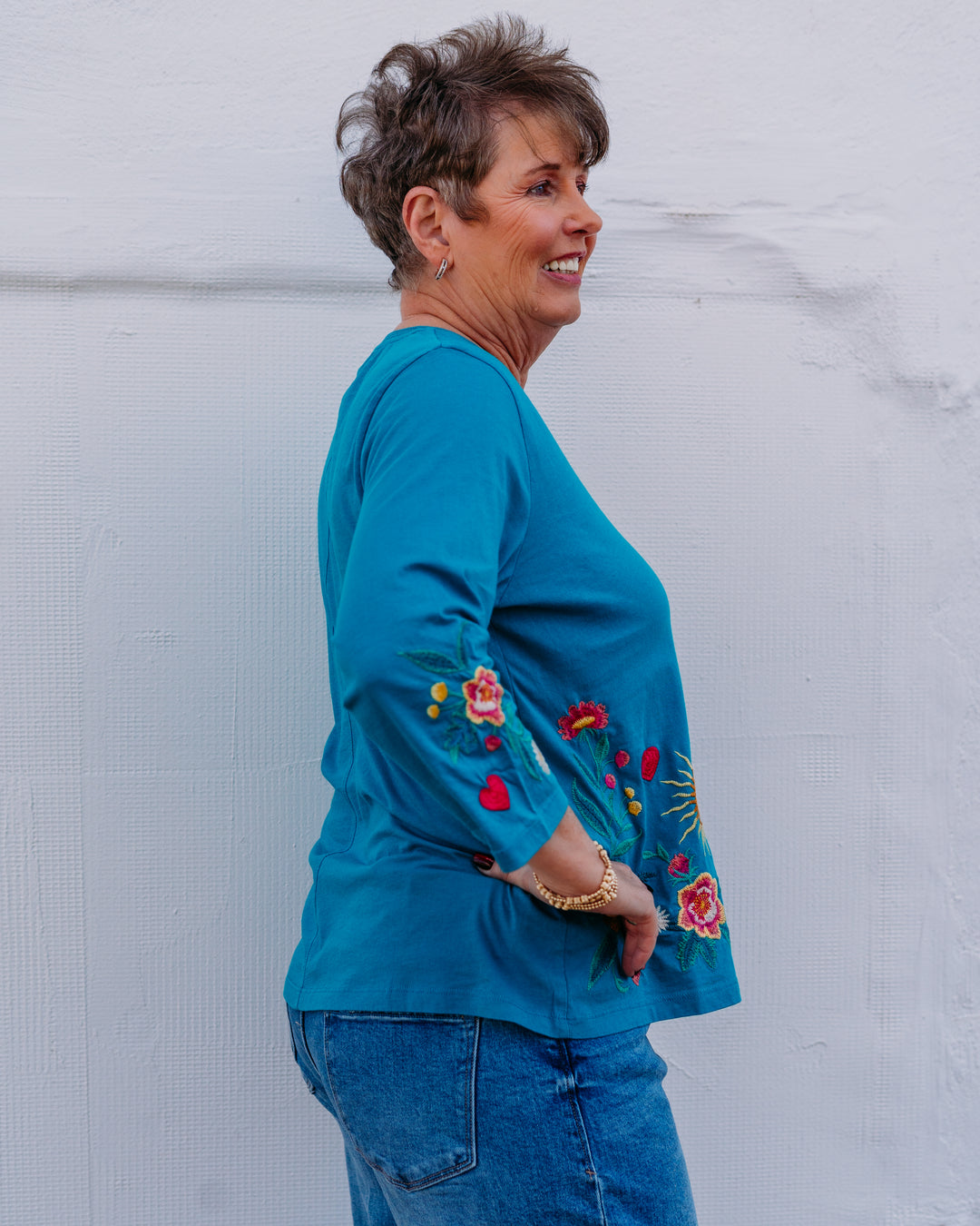 Johnny Was: Ziviana 3/4 Sleeve Trapunto V-neck Tee in Title Blue