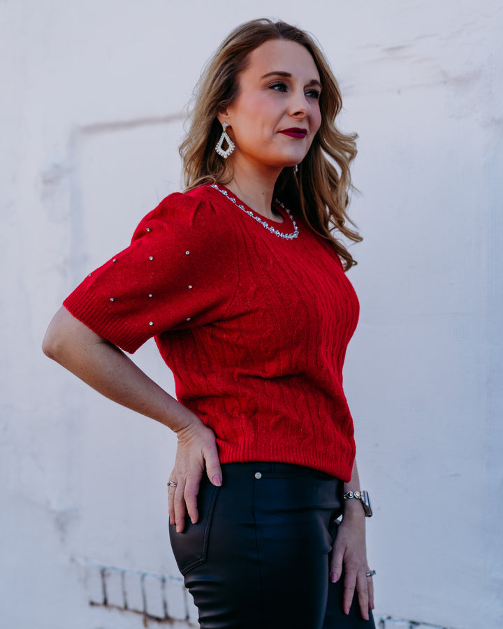 Design History: Rhinestone Sleeve Sweater in Cherry