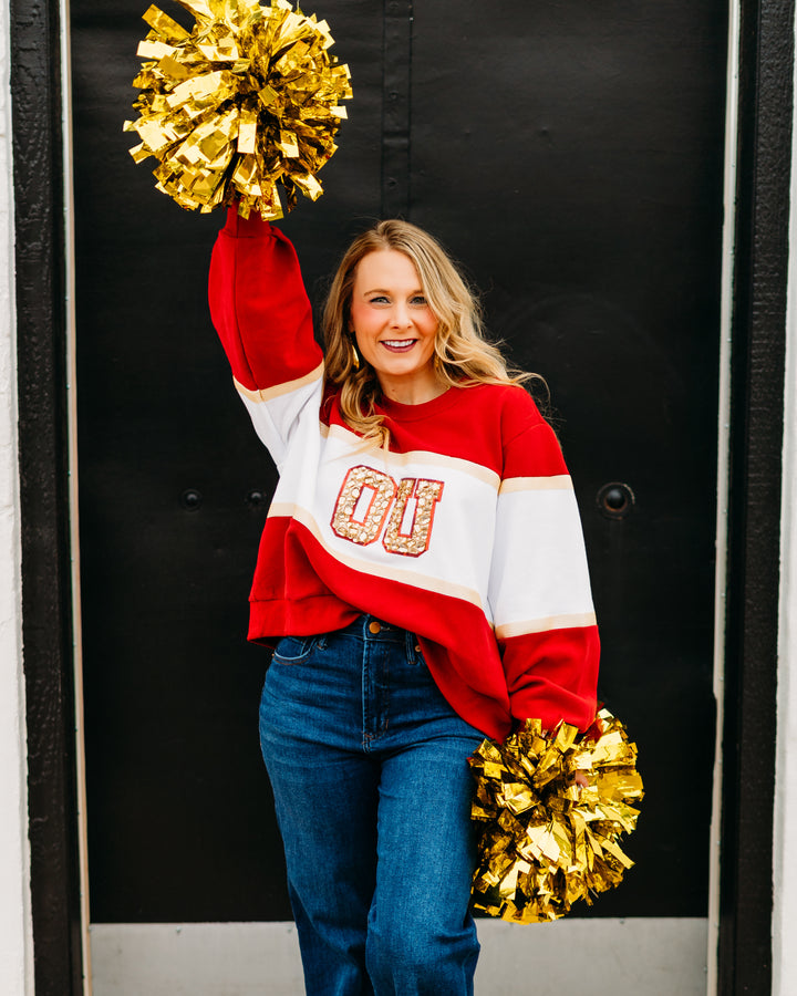Queen of Sparkles: Licensed Oklahoma Colorblock Jewel Letter Sweatshirt