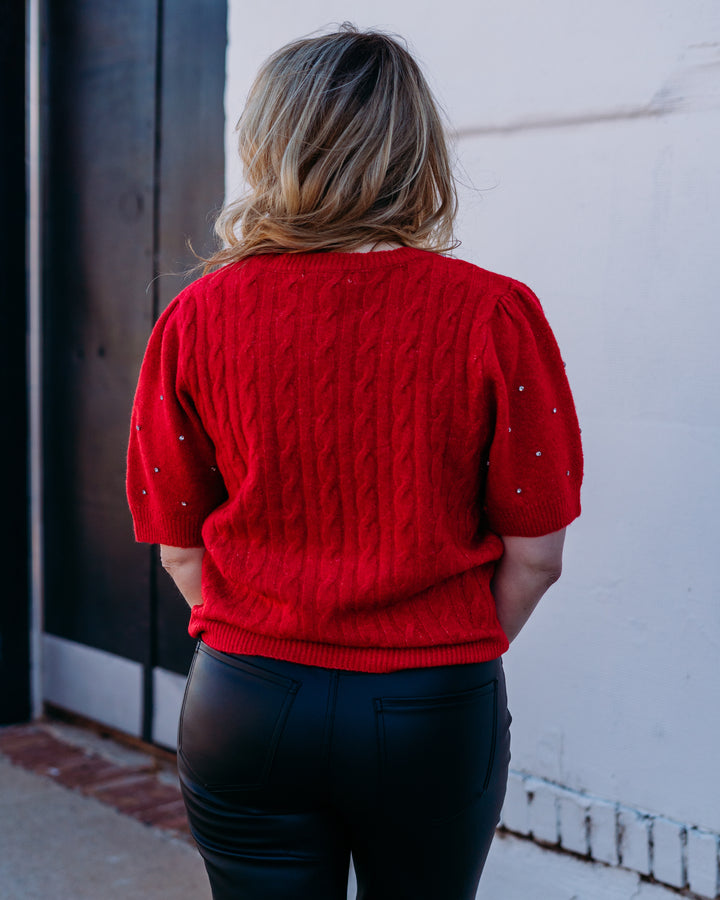 Design History: Rhinestone Sleeve Sweater in Cherry