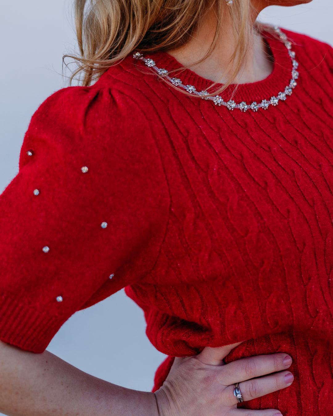 Design History: Rhinestone Sleeve Sweater in Cherry