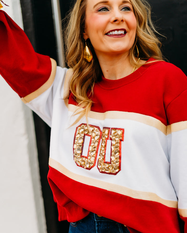 Queen of Sparkles: Licensed Oklahoma Colorblock Jewel Letter Sweatshirt