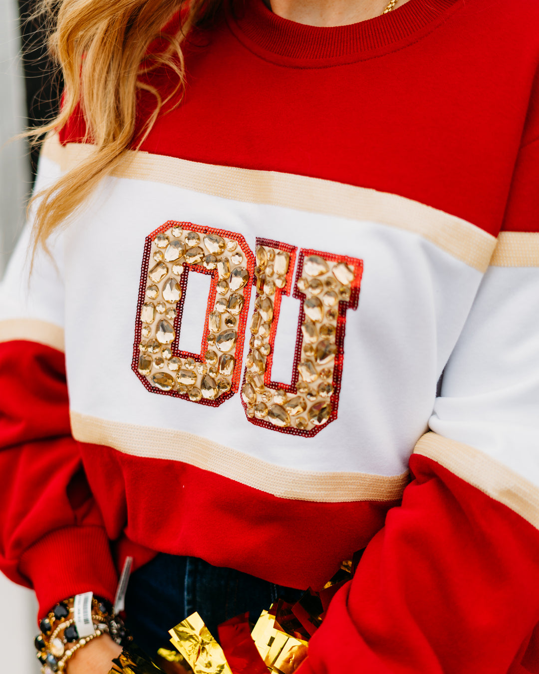 Queen of Sparkles: Licensed Oklahoma Colorblock Jewel Letter Sweatshirt