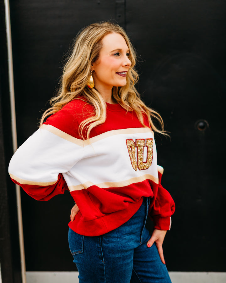 Queen of Sparkles: Licensed Oklahoma Colorblock Jewel Letter Sweatshirt